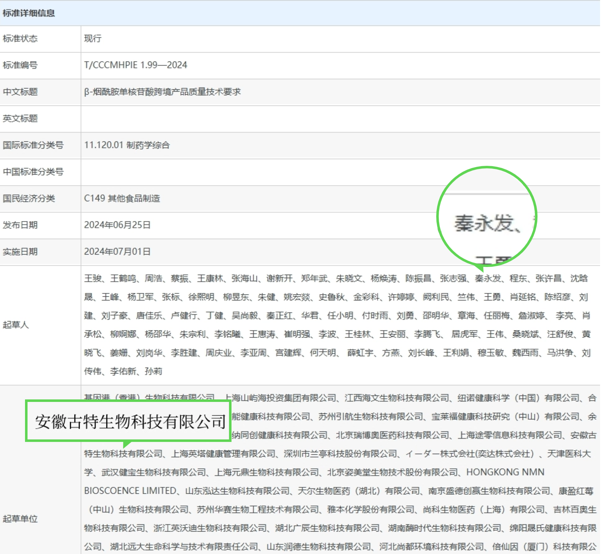 古特生物 標準詳細信息安徽古特生物科技有限公司在其列中